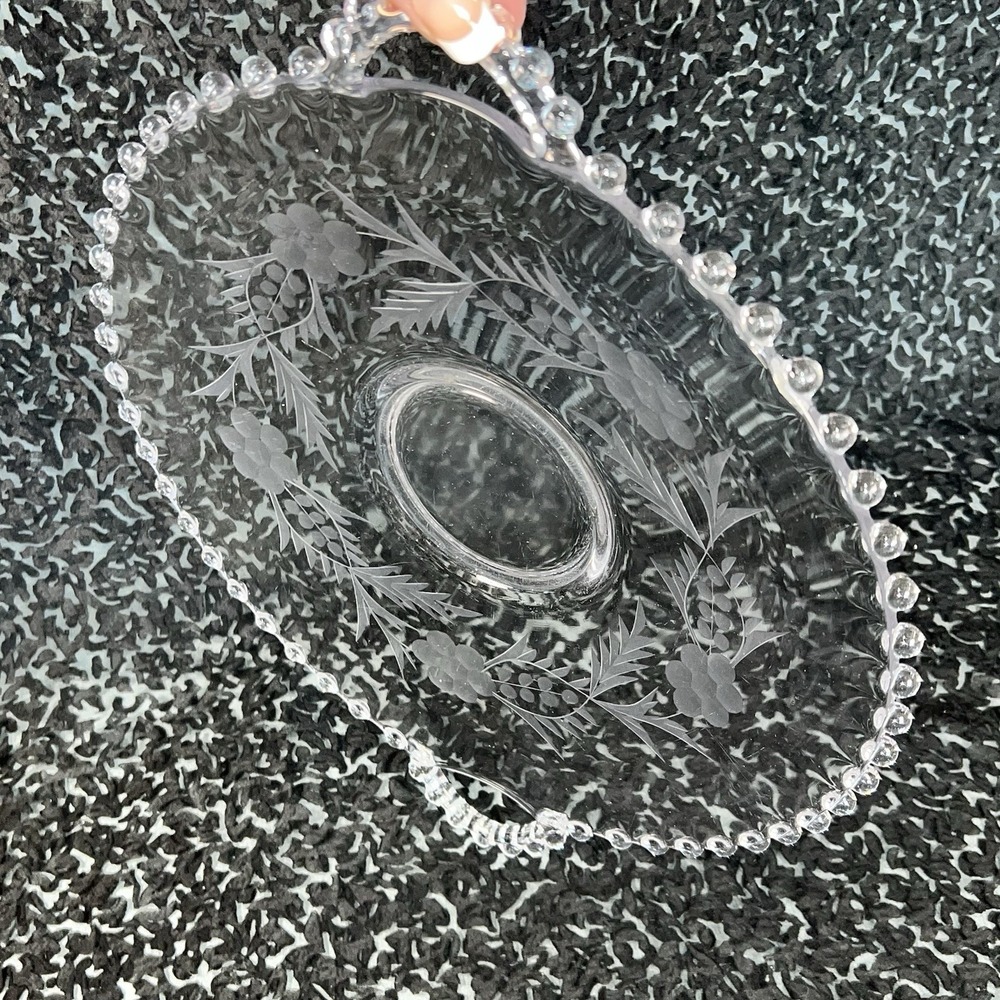 Vintage Candlewick Clear Glass Flower Etched Serving Tray Plate with Handles 10"